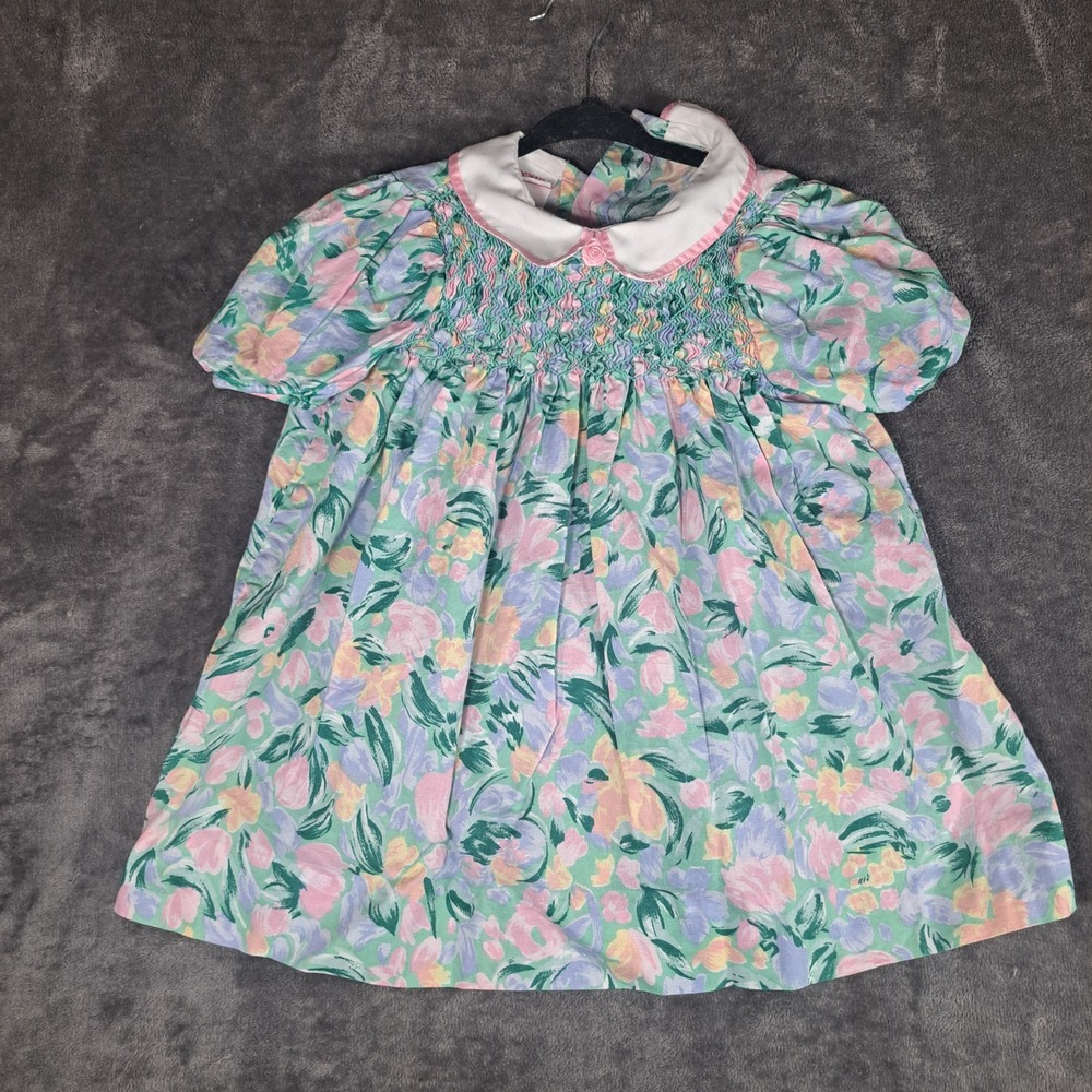 VTG Polly Flinders Girls T-3 Floral Smocked Peter Pan Collar Dress Pastel Easter